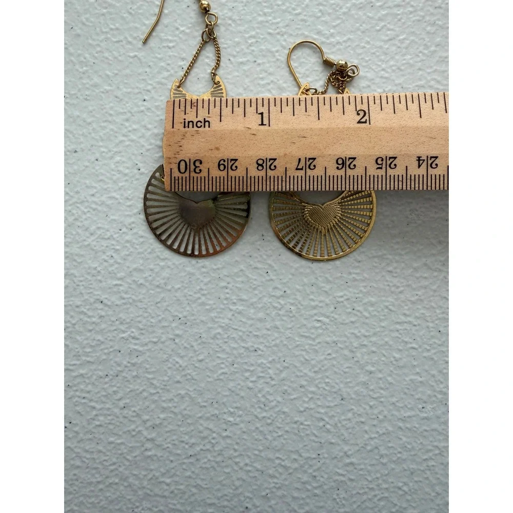 Boho Tiered Crescent Heart Drop Earrings Gold Tone Metal Sunburst Filigree